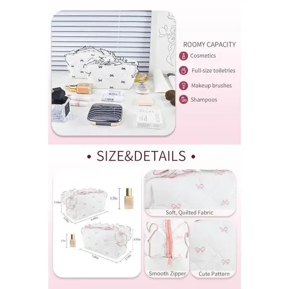 Quilted Makeup Bag Aesthetic Bow Coquette Makeup pouch Traval Toiletry Bag S15 - Picture 6 of 7